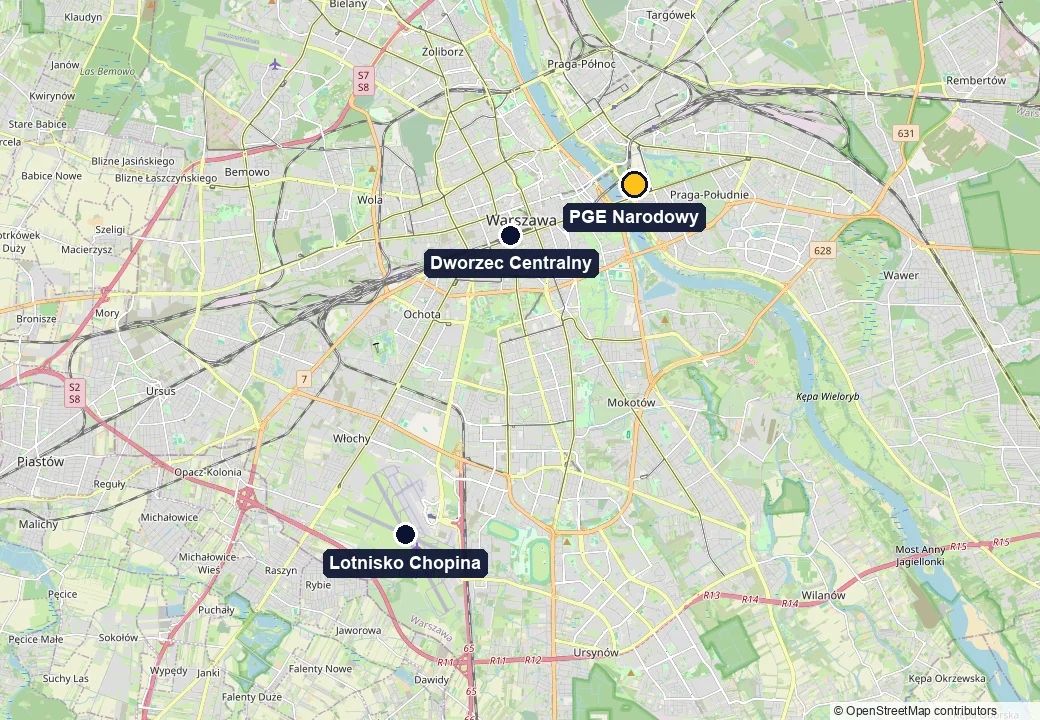 Mapa Warszawy: PGE Narodowy, Lotnisko Chopina i Dworzec Centralny