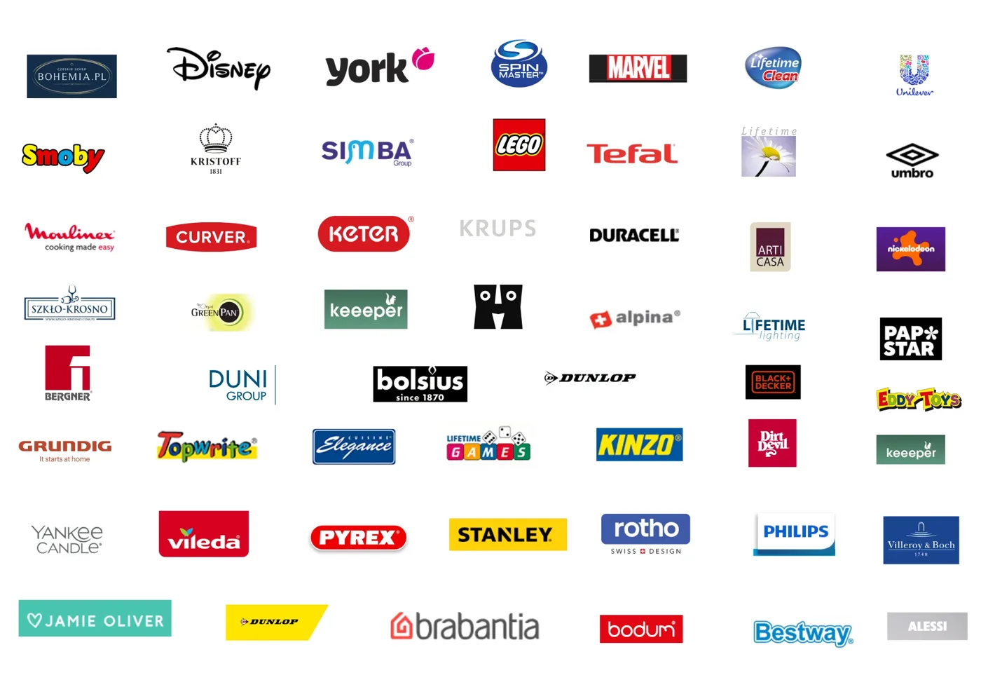 Logos of brands available from exhibitors: Disney, York, Spin Master, Marvel, Lifetime, Unilever, Smoby, Kristoff, Simba, LEGO, Tefal, Umbro, Moulinex, Curver, Keter, Krups, Duracell, Nickelodeon, Szkło-Krosno, GreenPan, Keeper, Alpina, Papstar, Bergner, Duni, Bolsius, Dunlop, Black+Decker, Eddy Toys, Grundig, Topwrite, Elegance, Kinzo, Dirt Devil, Yankee Candle, Vileda, Pyrex, Stanley, Rotho, Philips, Villeroy & Boch, Jamie Oliver, Brabantia, Bodum, Bestway, Alessi
